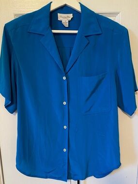 Christian Dior Chemises Vintage Short-Sleeve Camp  Shirt Vibrant Blue Silky 6